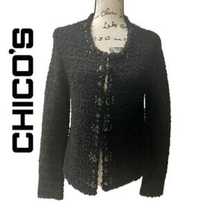 CHICOS TWEED SWEATER BLACK JEWELED Sz‎ M FRINGED EMBELLISHMENT SOPHISTICATED